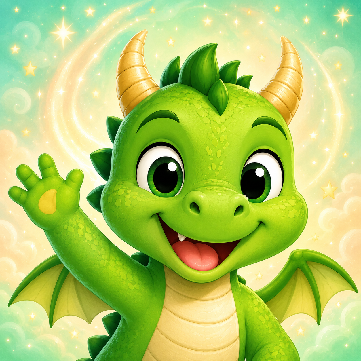 Dazzle, Dragontales' friendly green dragon, smiling and waving